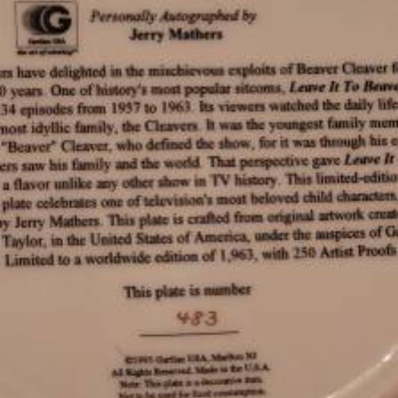 Leave It To Beaver - Autographed By Jerry Mathers himself. Gartlan Plate. - Picture 4 of 6